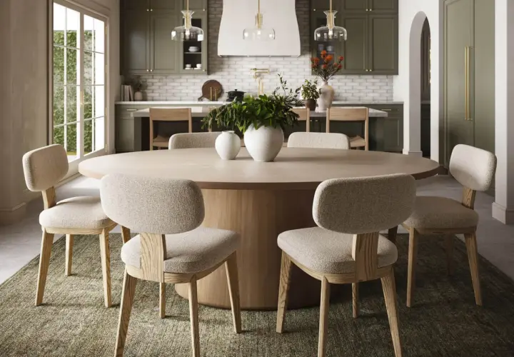 A large, light wood oval dining table with upholstered chairs, showcasing standard oval table sizes for a cozy kitchen.