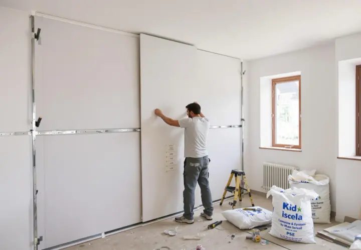 Un ouvrier installe des panneaux blancs sur une structure métallique, préparant un faux plafond. L'épaisseur du faux plafond est visible sur une note collée au panneau.