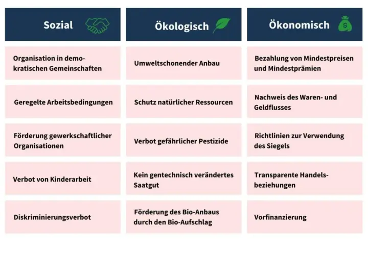 Die Tabelle zeigt, ob ist fairtrade wirklich fair: sozial (Demokratie, faire Arbeit, keine Kinderarbeit), ökologisch (Umweltschutz, keine Pestizide) und ökonomisch (faire Preise, Transparenz).