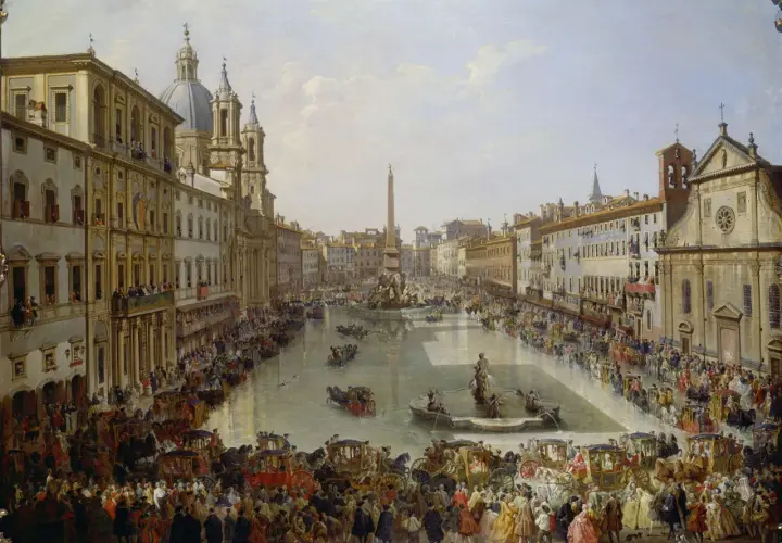 Piazza Navona prima e dopo: una vivace scena romana con carrozze, folla e fontane, un'istantanea di vita e architettura.