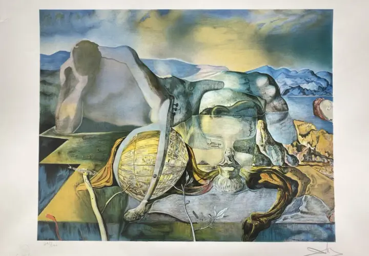 Tableau Salvador Dali : un homme pensif, un globe jaune, des formes molles et un paysage onirique.