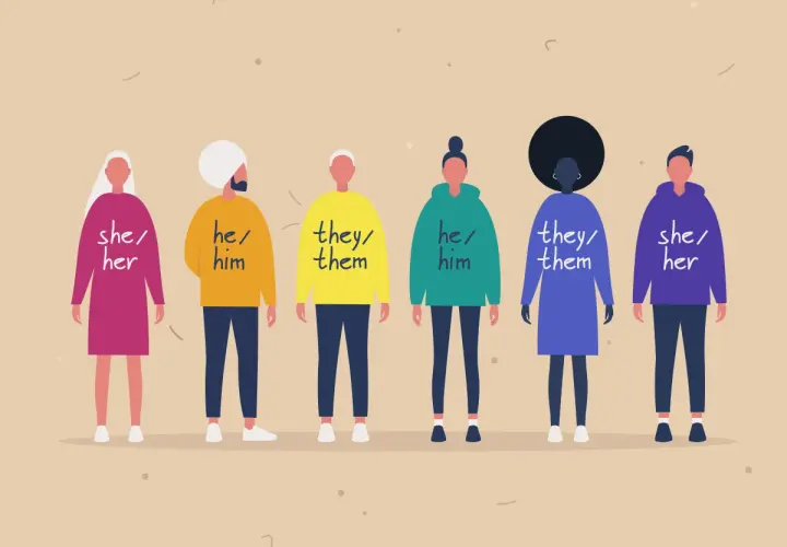 Sei persone con pronomi diversi: she/her, he/him, they/them.