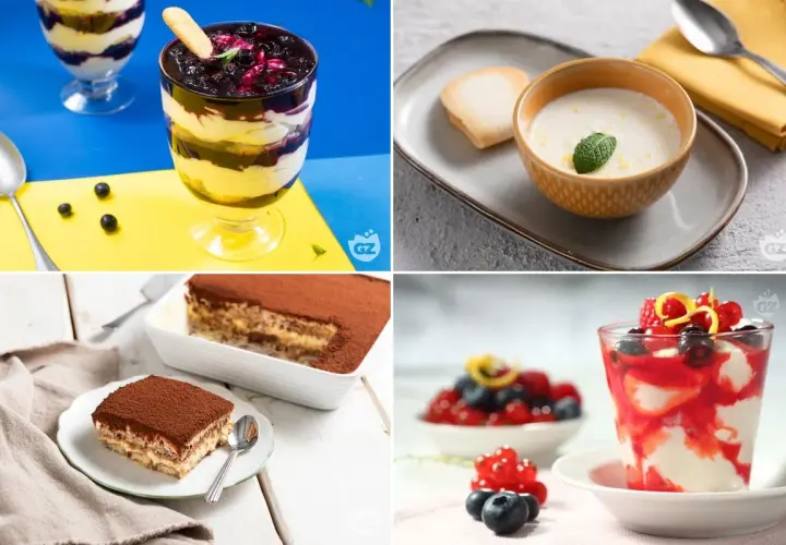 Varietà di dolci freddi: coppette con frutti di bosco, tiramisù e crema.