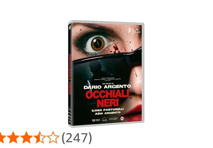Copertina DVD "Occhiali Neri" di Dario Argento, con un occhio spaventato e riflessi di occhiali da sole. Le recensioni indicano un voto medio.
