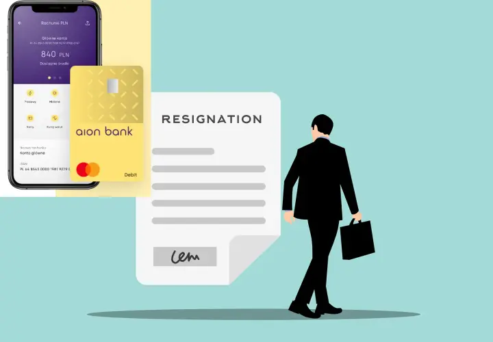 Mężczyzna w garniturze odchodzi z dokumentem "RESIGNATION", obok widoczny telefon i karta z logo aion bank.