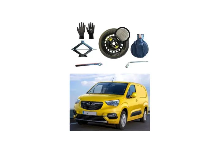 Kit para sacar rueda repuesto Opel Combo: gato, llave, guantes y funda para neumático.