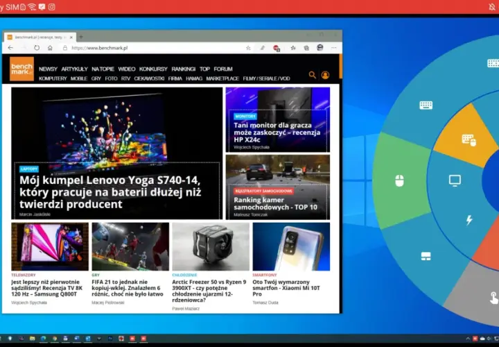 Strona benchmark.pl z recenzjami sprzętu. W tle okno z ikonami, przypominające menu AnyDesk.