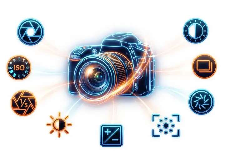 Stylizowana fotografia produktowa aparatu z ikonami ustawień: przysłona, ISO, balans bieli, ekspozycja, tryby fotograficzne.