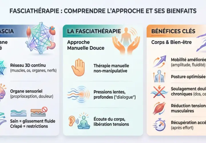 Infographie expliquant la fasciathérapie : son approche manuelle douce, le rôle du fascia comme réseau 3D et organe sensoriel, et ses bénéfices clés pour le corps et le bien-être.