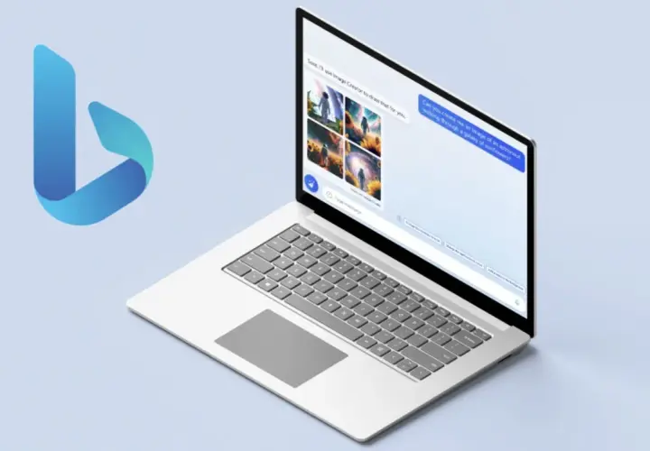 El logo de Bing junto a una laptop muestra cómo el generador de imágenes de Bing crea arte visualmente impactante.