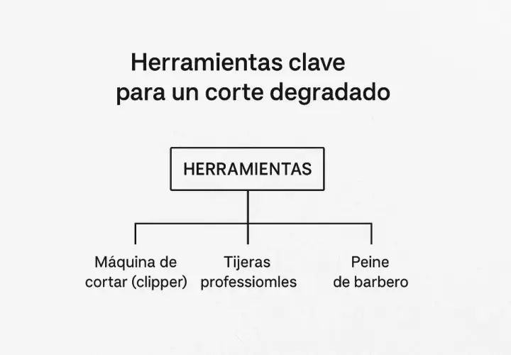 Diagrama de flujo: Herramientas para un corte degradado. Incluye máquina de cortar, tijeras y peine de barbero.