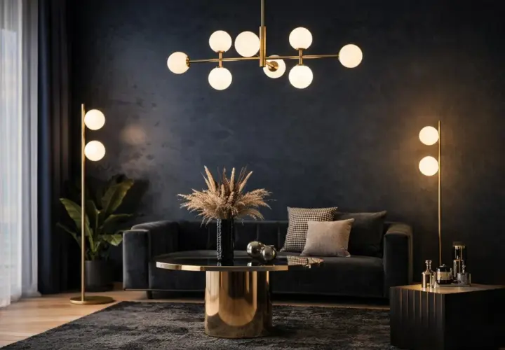Elegante salón con lámparas bombillas decorativas doradas, sofá oscuro y mesa de centro dorada.