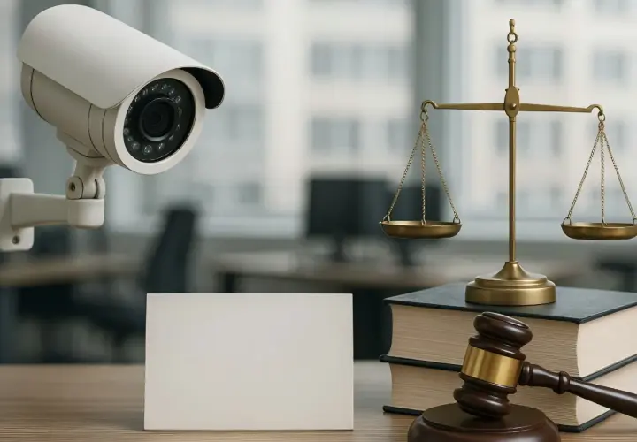 Une caméra de surveillance, une balance de la justice et un maillet de juge sur des livres. La question se pose : doit on déclarer une caméra de surveillance ?