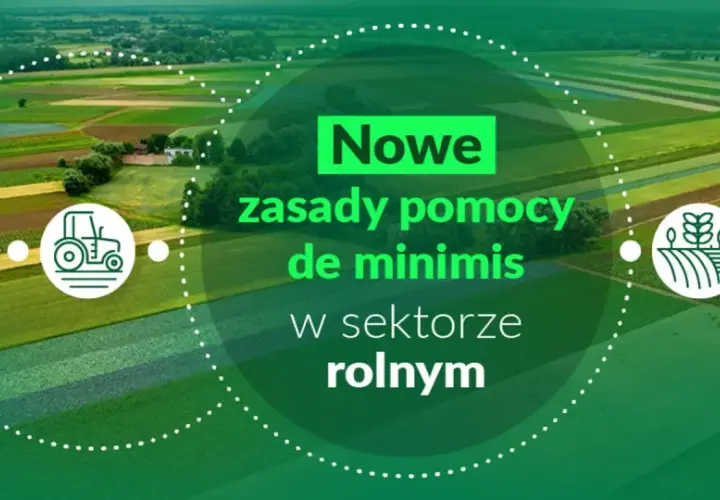 Nowe zasady pomocy de minimis w rolnictwie. Widok z lotu ptaka na pola uprawne z ikonami traktora i roślin.