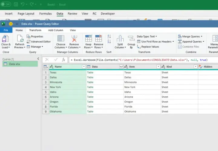 Editor Power Query di Excel mostra come unire più file Excel in uno, con dati di stati e fogli.