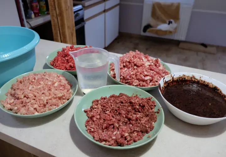 Przygotowania do zdrowej diety BARF dla kota: mielone mięso w miseczkach, dzbanek z wodą i ciemna masa.