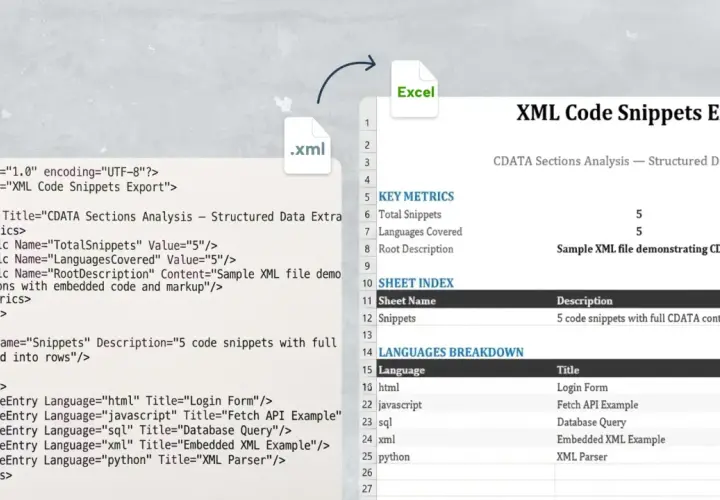 Un file .xml che mostra l'esportazione di snippet di codice, con un'icona di Excel che indica l'apertura del file.