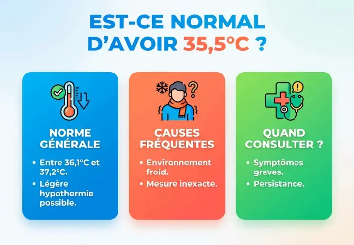 Infographie sur la température normale du corps. Elle explique les normes générales, les causes fréquentes d'une température basse (comme le froid) et quand consulter un médecin.