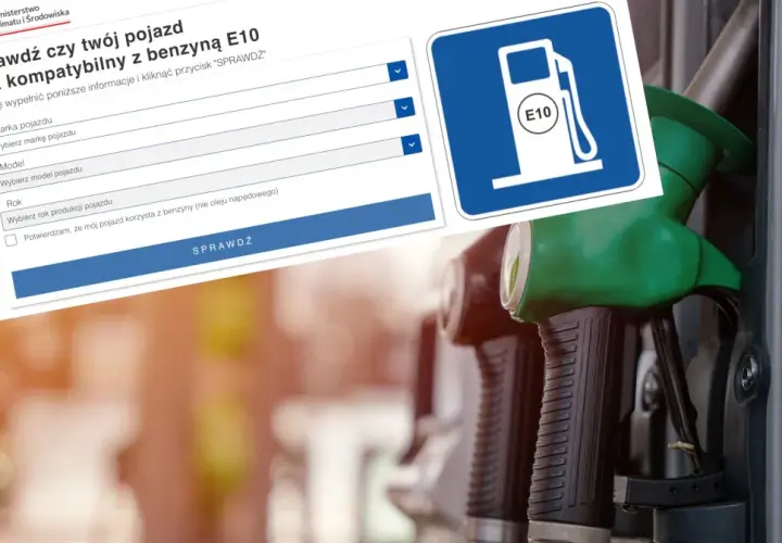 Formularz sprawdzający kompatybilność pojazdu z benzyną E10, obok pistoletów dystrybutorów paliwa.
