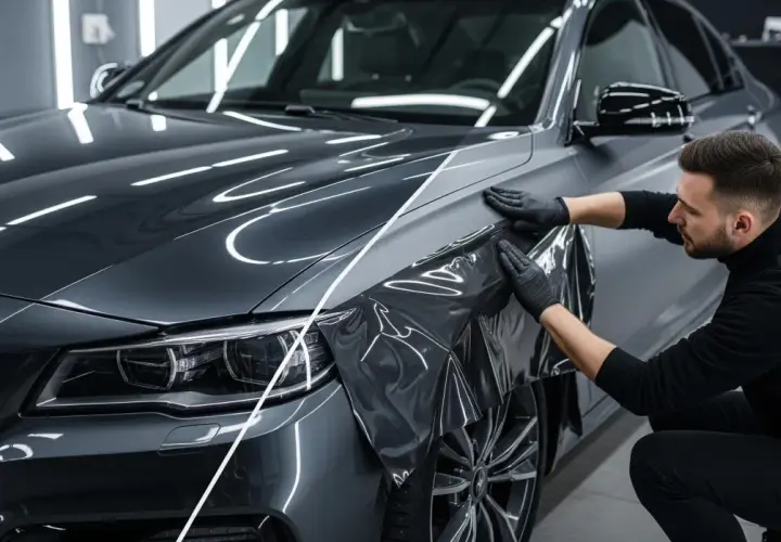 Un professionista applica una pellicola per cambiare colore auto, trasformando la carrozzeria grigia.
