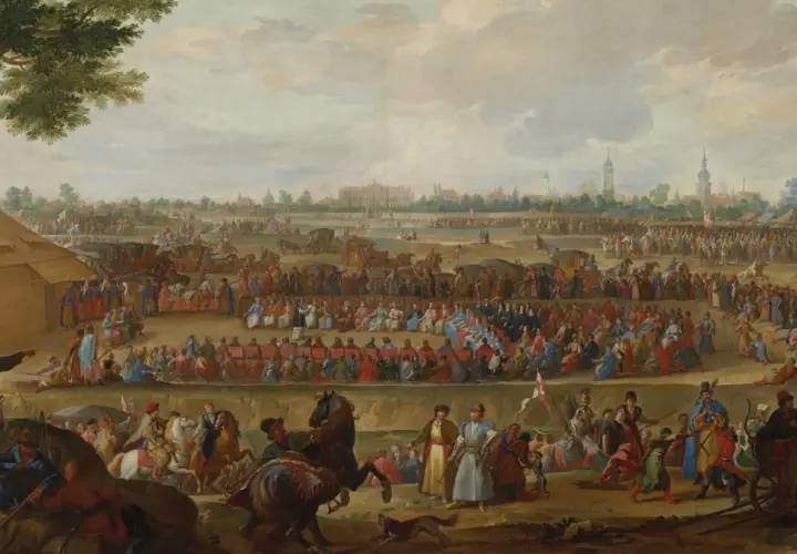 Obraz przedstawia historyczną scenę elekcji króla Polski z licznym zgromadzeniem ludzi, namiotami i pałacem w tle.