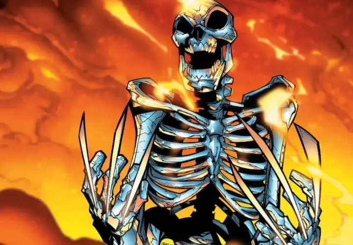 Un squelette wolverine aux griffes acérées émerge des flammes ardentes, prêt à l'attaque.