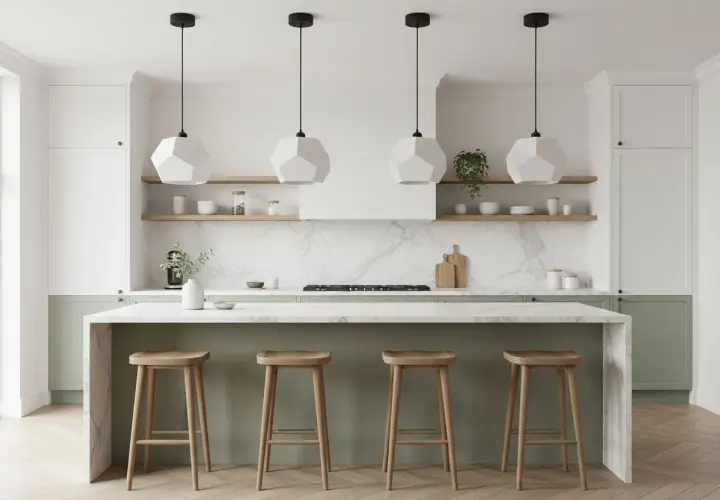 Cuatro lámparas colgantes geométricas blancas iluminan una isla de cocina moderna con taburetes de madera.