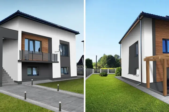 Nowoczesna elewacja starego domu z drewnianymi elementami i balkonem.