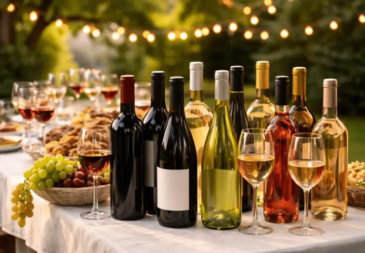 Une belle table dressée pour une fête en plein air, avec de nombreuses bouteilles de vin et des verres. Combien de bouteilles de vin pour 30 personnes ?