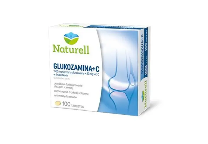 Opakowanie suplementu diety Naturell Glukozamina+C, wspierające prawidłowe funkcjonowanie chrząstki stawowej i produkcję kolagenu. 100 tabletek.