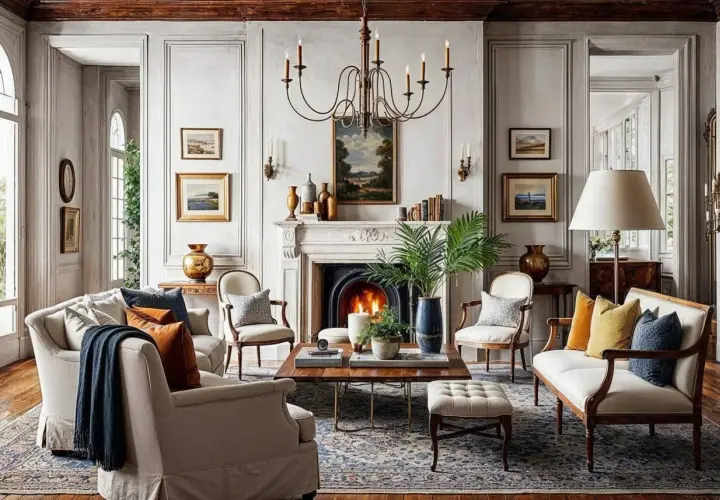 A living room with a fireplace, plush seating, and artwork evokes a sophisticated royal core aesthetic.