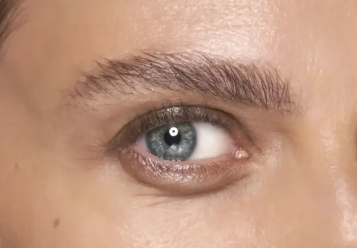 Ett blått öga med perfekt formade, fluffiga **soap brows**.