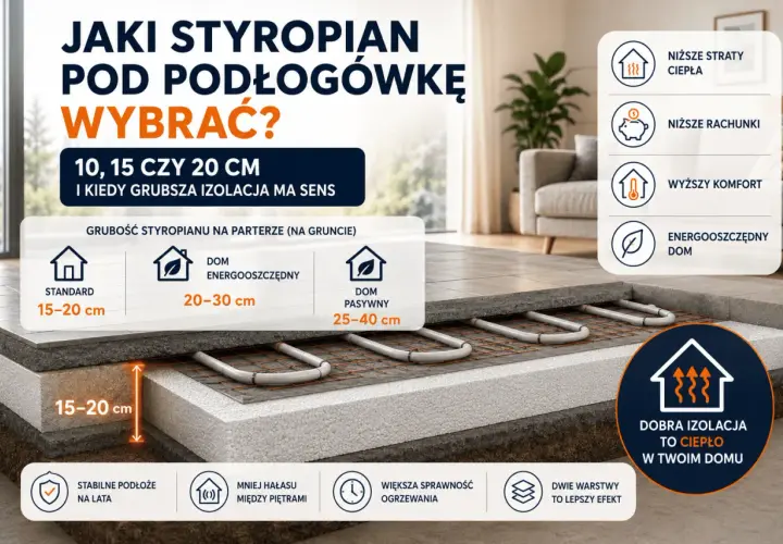 Przekrój podłogi z ogrzewaniem podłogowym, pokazujący różne grubości styropianu: 15-20 cm, 20-30 cm i 25-40 cm, dla domów standardowych, energooszczędnych i pasywnych.