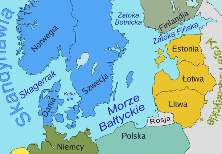 Mapa pokazuje kraje nadbałtyckie. Czy Polska jest krajem bałtyckim? Tak, na mapie widać Polskę nad Morzem Bałtyckim.