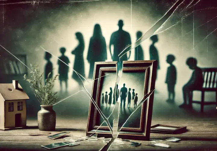 Ombre di figli adulti di famiglie disfunzionali, un quadro rotto e una casa in miniatura simboleggiano un passato frammentato.