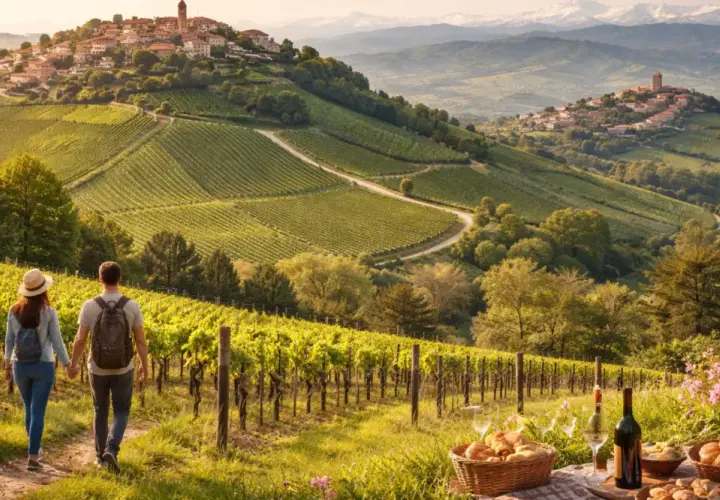 Coppia mano nella mano tra i vigneti, con borghi collinari sullo sfondo. Un invito a scoprire dove andare nelle Langhe per un'esperienza indimenticabile.