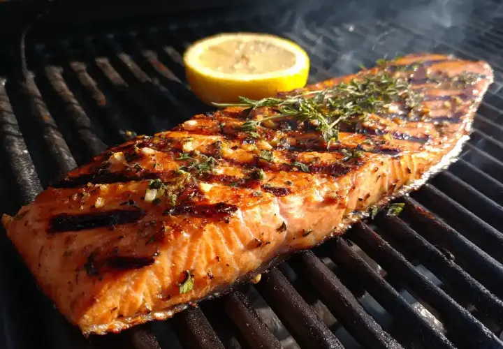 En saftig grillad laxsida med örter och en citronskiva på grillen. Röken stiger och lockar till en härlig måltid.