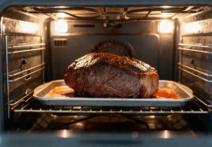 Gros rôti de bœuf doré sur une plaque, cuisant dans un four chaud. Le temps de cuisson rôti de bœuf au four est presque terminé.