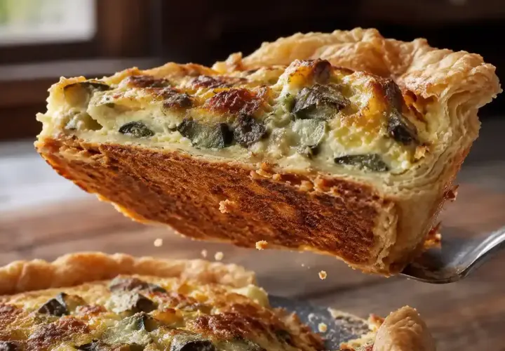 Une part de quiche aux courgettes, dorée et croustillante, est soulevée du plat. La cuisson quiche au four a donné un résultat parfait.