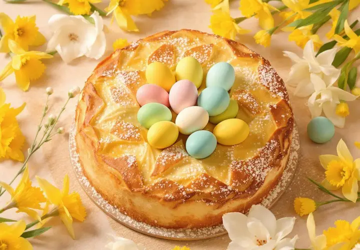 Gâteau de Pâques italien orné d'œufs durs colorés, entouré de jonquilles printanières.