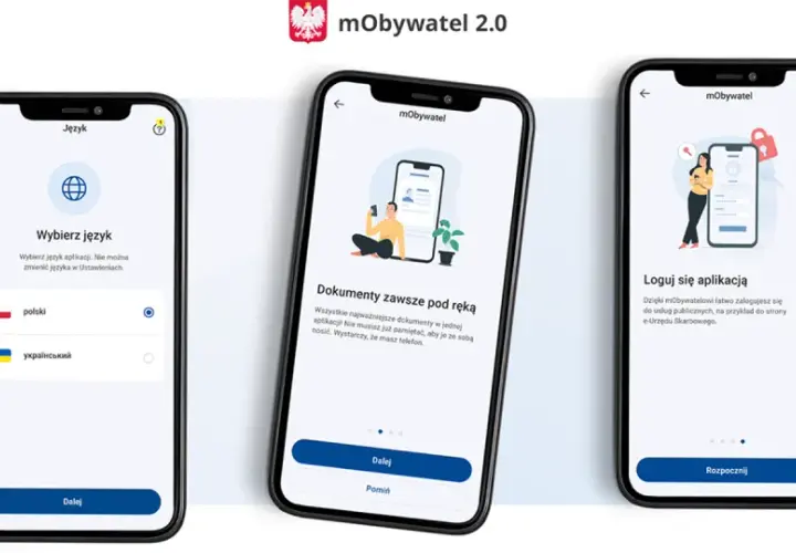 Ekran powitalny aplikacji mObywatel: wybór języka, dokumenty pod ręką i logowanie na nowym telefonie.