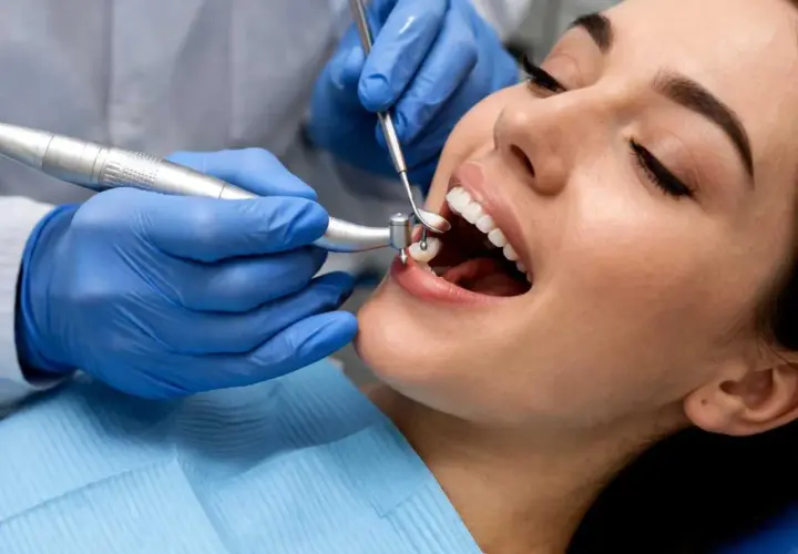 Dentysta zakłada plombę w zębie pacjentki.