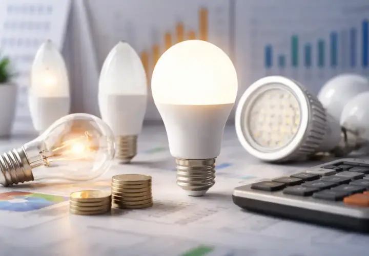 Żarówki LED i tradycyjne, monety i kalkulator na tle wykresów. Ile watów ma 13w LED?
