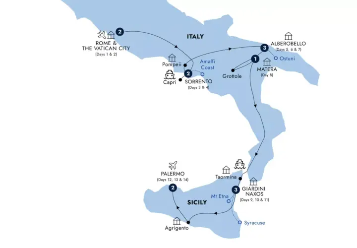 A travel map of the southern Italy coast, highlighting Rome, Amalfi Coast, Sicily, and other destinations.