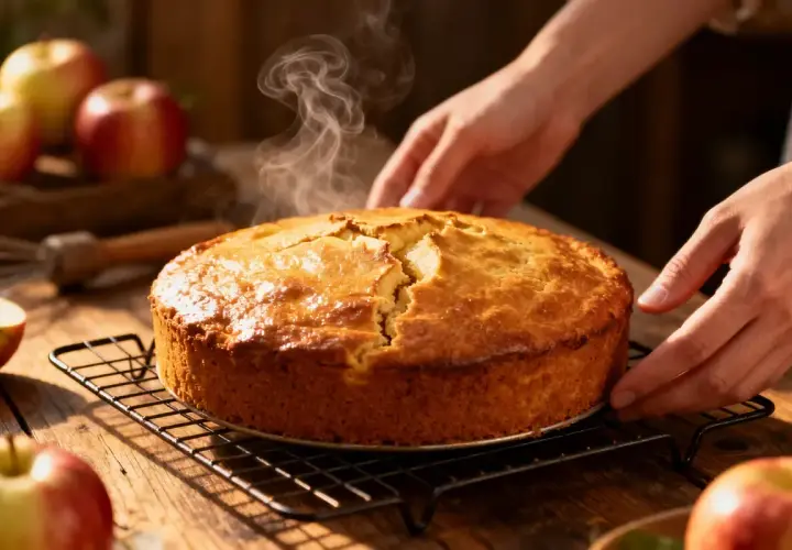 Un délicieux quatre-quarts fumant, tout juste sorti du four, avec des pommes en arrière-plan.