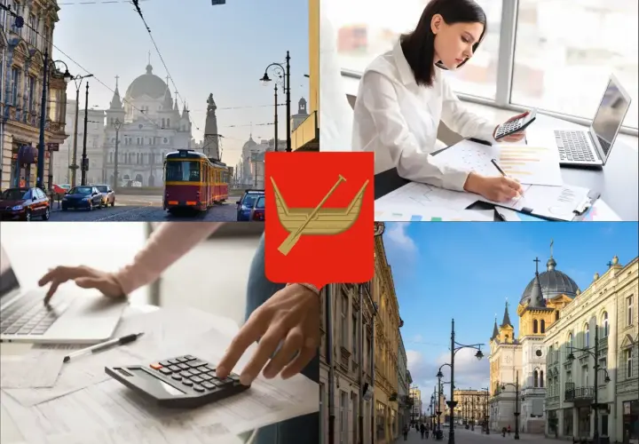 Łódź: tram, budynki, herb miasta, kobiety liczące na kalkulatorze i laptopie.
