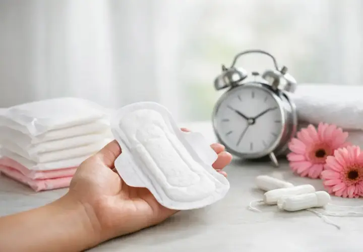 Dłoń trzyma podpaskę, obok stos podpasek, tampony, kwiaty i budzik. Wskazówka: jak podkładać basen sanitarny.