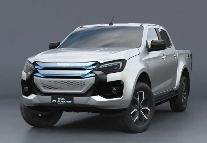 Srebrny Isuzu D-Max EV Concept z niebieskimi akcentami na grillu i reflektorach. Nowoczesny pickup elektryczny.