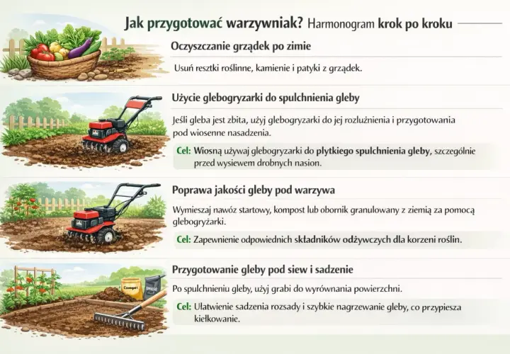 Glebogryzarka spulchnia i przygotowuje glebę pod wiosenne nasadzenia, ułatwiając siew i sadzenie.