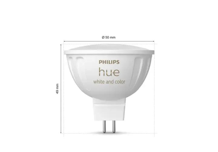 Żarówka Philips Hue, biała i kolorowa, o średnicy 50 mm i wysokości 49 mm.